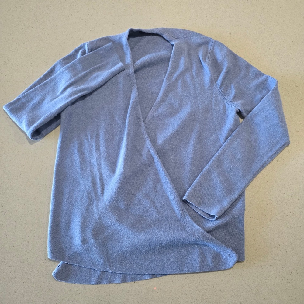 Blue Long Sleeve Wrap Cardigan Sweater‎ Knit Draped Front Top hole near armpit